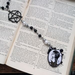 Gothic Black and White Beaded Rosary With Moth Witch Charm